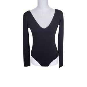 ASOS V-Neck Bodysuit Black Size 8 Long Sleeve Onesie Knit Cotton Stretch V-Back